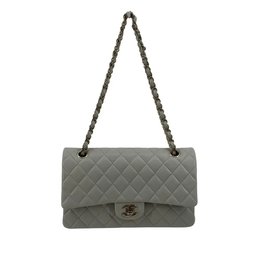 Chanel Lambskin Quilted Classic Double Flap Shoulder Bag Gray Gold Women's